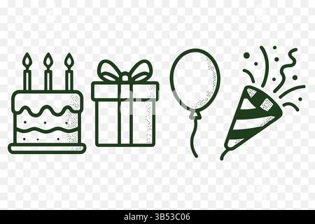 Geburtstagssymbole – Minimalistische Feierlichkeiten Kuchen, Ballons, Geschenke, Partyhut, Kerzen – Vektorlinie Kunstset Stock Vektor