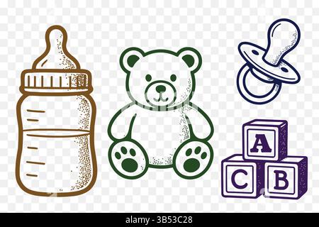 Minimalistisches Baby Kinder Essentials Icon Set Schnuller, Flasche, Blöcke, Teddybär Vintage Line Art Vector Collection Stock Vektor