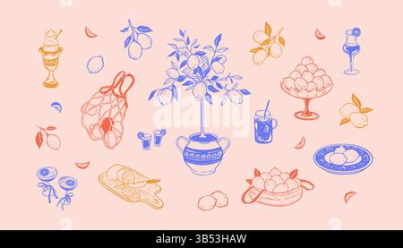Mediterranes Meer Vintage ästhetische Hand gezeichnet Doodle Hintergrund. Designelemente im Lemon la Dolce vita-Stil. Sommerstrand Amalfy, Positano, Sizilien vac Stock Vektor