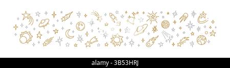 Goldene und silberne Doodle-Space-Grenze. Handgezeichnete Planeten, Sterne, Ufos, Raumfahrzeuge, Sternbilder. Kind mit süßem Hintergrund. Solarsystem wissenschaftlich AS Stock Vektor