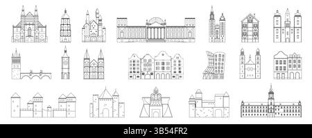 Eine Reihe berühmter europäischer Architekturstile, darunter Burgen, Kirchen, alte Stadthäuser und moderne Gebäude. Repräsentiert regionale Geschichte und Designerbe, Umrissvektorillustration. Stock Vektor
