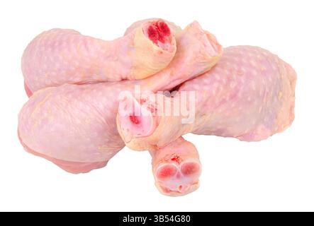 Gruppe von frisch zubereiteter Haut auf Hähnchenkeulen isoliert auf weißem Hintergrund Stockfoto