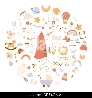 Runde Kollektion von Boho-inspirierten Kindergartenartikeln, darunter Kinderbetten, Spielzeug, Regenbogen und Dekorationen. Sanfte und ästhetische Vektorillustration für Babythemen und Innenarchitektur. Stock Vektor
