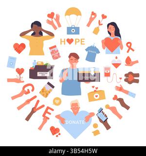 Eine herzerwärmende Sammlung von Elementen, die sich an wohltätige Zwecke richten, darunter Handspenden, Spendenboxen, Herzen und Symbole der Hoffnung. Hebt Akte der Freundlichkeit und des Gebens hervor, Vektorillustration Stock Vektor