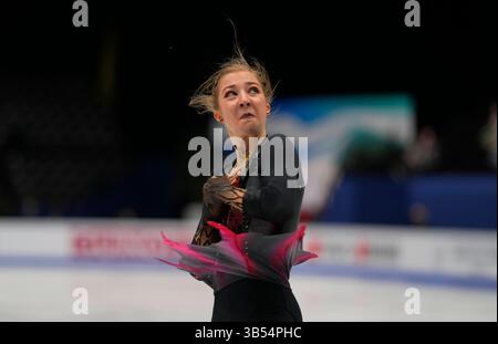 23. März 2022: Olga Mikutina aus Österreich während des Women's Short Programme, Weltmeisterschaft im Eiskunstlauf in der Sud de France Arena, Montpellier, Frankreich. Kim Price/CSM.(Kreditbild: © Kim Price/CSM via ZUMA Press Wire) Stockfoto