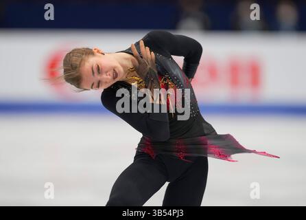 23. März 2022: Olga Mikutina aus Österreich während des Women's Short Programme, Weltmeisterschaft im Eiskunstlauf in der Sud de France Arena, Montpellier, Frankreich. Kim Price/CSM.(Kreditbild: © Kim Price/CSM via ZUMA Press Wire) Stockfoto