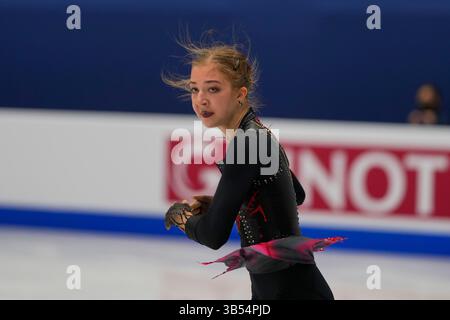 23. März 2022: Olga Mikutina aus Österreich während des Women's Short Programme, Weltmeisterschaft im Eiskunstlauf in der Sud de France Arena, Montpellier, Frankreich. Kim Price/CSM.(Kreditbild: © Kim Price/CSM via ZUMA Press Wire) Stockfoto