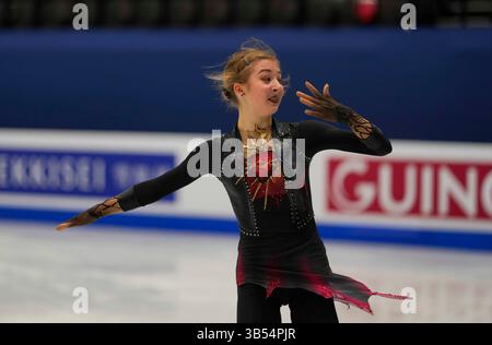 23. März 2022: Olga Mikutina aus Österreich während des Women's Short Programme, Weltmeisterschaft im Eiskunstlauf in der Sud de France Arena, Montpellier, Frankreich. Kim Price/CSM.(Kreditbild: © Kim Price/CSM via ZUMA Press Wire) Stockfoto