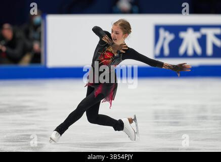 23. März 2022: Olga Mikutina aus Österreich während des Women's Short Programme, Weltmeisterschaft im Eiskunstlauf in der Sud de France Arena, Montpellier, Frankreich. Kim Price/CSM.(Kreditbild: © Kim Price/CSM via ZUMA Press Wire) Stockfoto