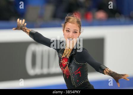 23. März 2022: Olga Mikutina aus Österreich während des Women's Short Programme, Weltmeisterschaft im Eiskunstlauf in der Sud de France Arena, Montpellier, Frankreich. Kim Price/CSM.(Kreditbild: © Kim Price/CSM via ZUMA Press Wire) Stockfoto