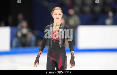 23. März 2022: Olga Mikutina aus Österreich während des Women's Short Programme, Weltmeisterschaft im Eiskunstlauf in der Sud de France Arena, Montpellier, Frankreich. Kim Price/CSM.(Kreditbild: © Kim Price/CSM via ZUMA Press Wire) Stockfoto