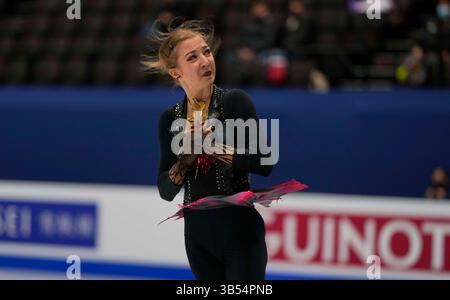 23. März 2022: Olga Mikutina aus Österreich während des Women's Short Programme, Weltmeisterschaft im Eiskunstlauf in der Sud de France Arena, Montpellier, Frankreich. Kim Price/CSM.(Kreditbild: © Kim Price/CSM via ZUMA Press Wire) Stockfoto