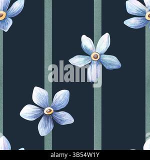 Nächtliches dunkelblaues, nahtloses Blumenmuster - grüne Aquarellstreifen und hellblaue VergissmeineNot-Blumen Botanische Aquarelltextur perfekt für Stockfoto