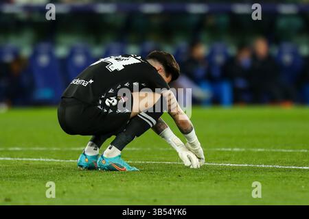 10. April 2022, VALENCIA, SPANIEN: Dani Cardenas von Levante UD Gesten während des Spiels der Santander League zwischen Levante UD und FC Barcelona im Ciutat de Valencia Stadium am 10. April 2022 in Valencia. (Kreditbild: © Ivan Terron/AFP7 via ZUMA Press Wire) Stockfoto