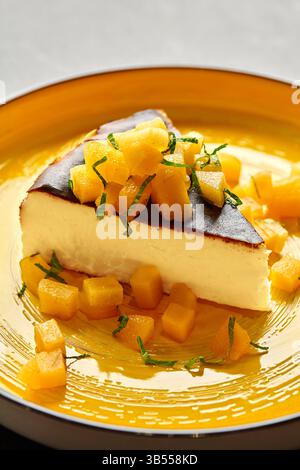 Gebrannter baskischer Käsekuchen, dekoriert mit karamelisierten Mango- und Minzblättern, serviert auf einem gelben Teller Stockfoto