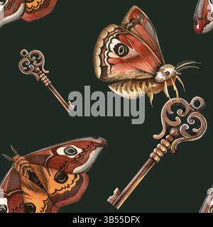 Vintage dunkelgrünes nahtloses Muster - Schmetterlinge und Retro-Schlüssel stilvolle Aquarelltextur mit antiken Elementen perfekt für feminine Stoffe, Zuhause Stockfoto