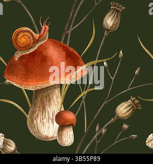 Dunkelgrüne Herbstpilze, Schnecken und Mohnsamen nahtloses Muster. Handgezeichnete botanische Vintage-Illustration mit handgezeichnetem Aquarell, Herbst saisonal Stockfoto