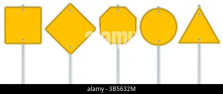 Leere gelbe Verkehrsschilder. Runde, quadratische, dreieckige, rautenförmige Straßenschilder. Vorlage, Modell, Vorderansicht. 3D-Rendering isoliert Stockfoto