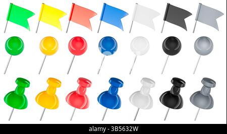 Farbige Druckstifte, Rundkopf-Druckstifte und Flag-Druckstifte, 3D-Rendering isoliert auf weißem Hintergrund Stockfoto