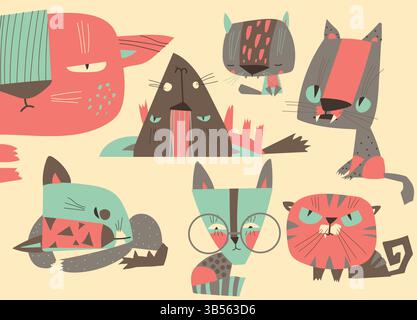 Katzen-Charaktere mit abstrakten, farbenfrohen, dekorativen Doodles-geometrischen Mustern auf dem Körperset. Lustiges, entzückendes flauschiges Kätzchen-Maskottchen mit trendigen Prints Stock Vektor