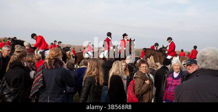 Fahrer bei der Hubertusjagt 2014 in Dyrehaven nördlich von Kopenhagen. Die Hubertus-Jagd ist eine jährliche Veranstaltung im Deerpark in Klampenborg im Norden Stockfoto
