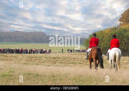 Fahrer bei der Hubertusjagt 2014 in Dyrehaven nördlich von Kopenhagen. Die Hubertus-Jagd ist eine jährliche Veranstaltung im Deerpark in Klampenborg im Norden Stockfoto