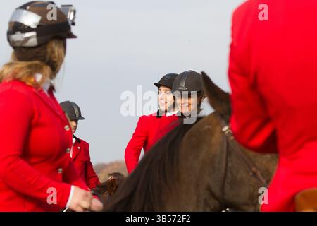 Fahrer bei der Hubertusjagt 2014 in Dyrehaven nördlich von Kopenhagen. Die Hubertus-Jagd ist eine jährliche Veranstaltung im Deerpark in Klampenborg im Norden Stockfoto