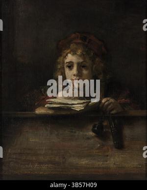 Titel: Titus am Schreibtisch Künstler: Rembrandt van Rijn Datum: 1655 Technik: Öl auf Leinwand Abmessungen: Höhe 77 cm; Breite 63 cm Ort: Museum Boijmans Van Beuningen Stockfoto