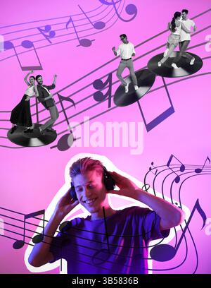 Kreative Collage mit Leuten, die auf Schallplatten tanzen und Männer, die Musik mit Kopfhörern vor rosafarbenem Hintergrund hören Stockfoto