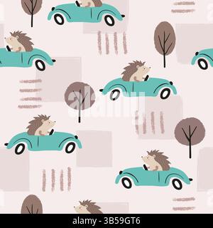 Nahtloses Muster mit niedlichem Igel im Auto. Vektor-Road-Illustration für Kinder Stock Vektor