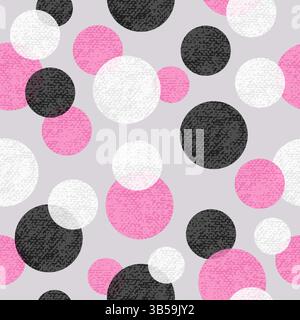 Nahtloses Punktmuster mit rosafarbenen, schwarzen und weißen Kreisen. Abstrakter Vektorhintergrund mit runden Formen Stock Vektor