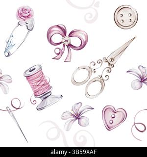 Nahtloses Aquarellmuster mit Vintage-Nähwerkzeugen, Schere, Fadenspule, Nadel, Nadeln, Maßband mit Blumen. Kleiderdesign. Handarbeit Stockfoto