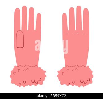 Pelzhandschuhe Handgelenk über der Länge rosa Cartoon Mode Hand Accessoire Kleidung technische Illustration Kleid. Vektor-Vorderhandfläche Rückansicht für Männer, Frauen Stil CAD Modell Skizze auf weißem Hintergrund Stock Vektor