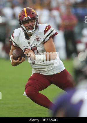 Washington Commanders QB Sam Howell (14) in Aktion während eines Vorsaisonspiels gegen die Baltimore Ravens im M&T Bank Stadium in Baltimore, Maryland am 27. August 2022. Foto/Mike Buscher/Cal Sport Media (Foto: © Mike Buscher/Cal Sport Media/CSM via ZUMA Press Wire) Stockfoto