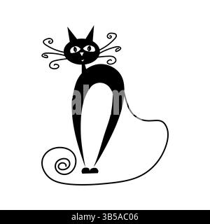Gestylte Katzenfigur. Schwarze Katzenform. Curly Whiskers Vektor. Silhouette des Zeichentricktiers. Stock Vektor