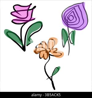 Bunte Blumenzeichnungen. Markierer Blumenformen. Abstrakte Blütenblatt-Illustration. Vektorskizzenelemente. Stock Vektor