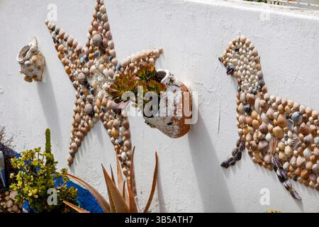 Nahaufnahme einer Sammlung von Vasen und Objekten, die mit Muscheln verkrustet sind. Stockfoto