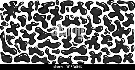 Schwarze glänzende flüssige Formen, Tropfen. Bündel monochromer y2k-Blasen mit leichtem 3D-Effekt. Dunkler Hintergrund mit psychedelischen Fluidblöcken. Satz von Inte Stock Vektor