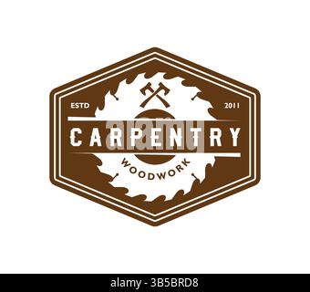Tischlerei und Holzarbeiten Emblem mit Sägeblatt und Äxten für Tischlerei Werkstatt, Vektorsymbol. Zimmermannservice und Holzwerkstatt oder Holzwerkstoffe Stock Vektor