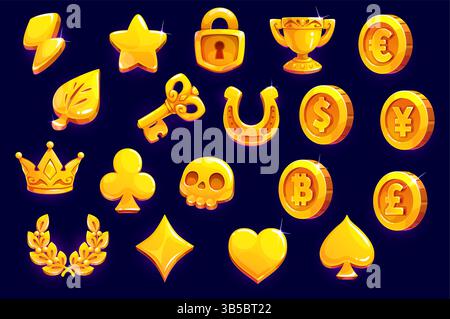 Golden Icons Spiel-Asset-Set, Vektor-UI-Elemente. Cartoon Casino Spielautomat Goldmünzen, Krone, Schädel, Stern und Herz, Schlüssel, Trophäe, Blitz und Glück ho Stock Vektor