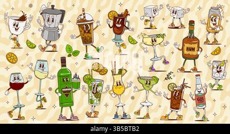 Cartoon Retro groovige Alkoholgetränke und Cocktails Charaktere. Vektorfiguren von lustigen Hippie Espresso und Bubble Teetassen, Bierdose, Gin Tonic. Stock Vektor