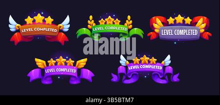 Verbessere und vervollständige Spielelemente, Abzeichen mit goldenen Star-Trickfilmen, Vektor-UI. Komplette Bandbanner auf Spielebene mit goldenen Sternen, Flügeln, l Stock Vektor