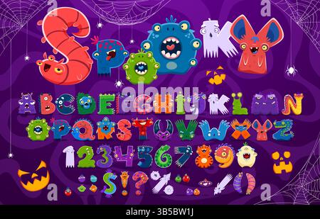 Zeichentrickfiguren Schriftart, süße und verrückte Schrift, Fantasy Alien Schriftart, Halloween englisch Alphabet Vektor Typografie Set. Lustiger Geist, Schleim, dr. Stock Vektor