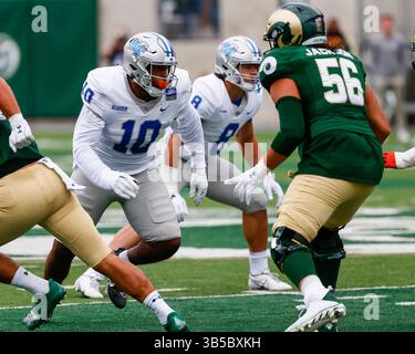 10. September 2022: Die Blue Raiders im Canvas Stadium in Fort Collins (CO.) stürzt Passanten im Football-Spiel zwischen Colorado State und Middle Tennessee. Die MTSU fuhr mit 34-0 Vorsprung auf der Straße und gewann 34:19. Derek Regensburger/CSM. (Bild: © Derek Regensburger/CSM via ZUMA Press Wire) Stockfoto