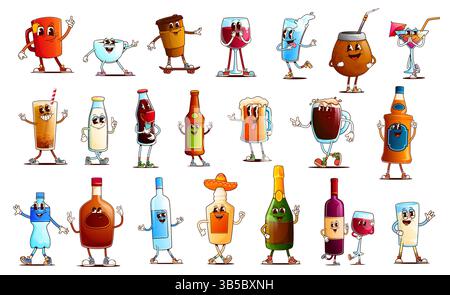 Trink und trink groovige Charaktere. Cartoon Retro Gläser, Tassen und Flaschen Vektorfiguren von Wasser, Kaffee, Tee, Limonade und Cocktail. Psychedelic Stock Vektor