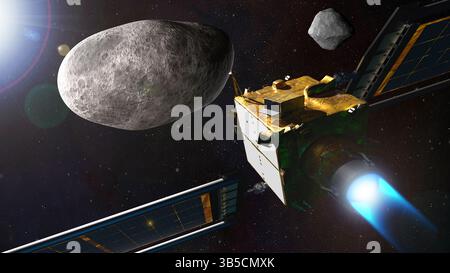 26. September 2022, Huntsville, AL, United States of America: Eine Künstlerillustration, die das NASA-Raumschiff DART vor dem Aufprall auf das Doppelsteroidensystem Didymos darstellt. DART soll den Asteroiden am 26. September 2022 treffen. (Foto: © Steve Gribben/NASA/Johns Hopkins/Planet Pix via ZUMA Press Wire) Stockfoto