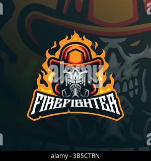 Feuerwehrmaskottchen Logo Design Vektor mit modernem Illustrationskonzept Stil für Abzeichen, Emblem und T-Shirt Druck. Schädelkopf-Feuerwehrmann. Stock Vektor
