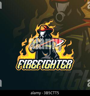 Feuerwehrmaskottchen Logo Design Vektor mit modernem Illustrationskonzept Stil für Abzeichen, Emblem und T-Shirt Druck. Illustration der Feuerwehr. Stock Vektor