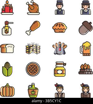 Thanksgiving-Symbole – Sammlung von Erntedankensymbolen, Festen, Herbst und Feiertagen Stock Vektor