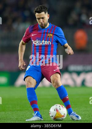 18. April 2022, Barcelona, Spanien: Jordi Alba vom FC Barcelona während des Liga-Spiels zwischen dem FC Barcelona und Cadiz CF im Camp Nou in Barcelona, Spanien. (Kreditbild: © Gerard Franco/DAX via ZUMA Press Wire) Stockfoto